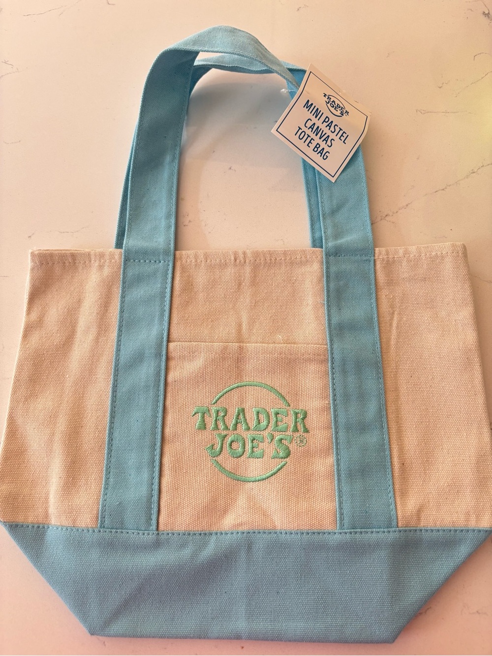 Trader Joe's Mini Canvas Tote Bag in Cream with Light Blue Accents